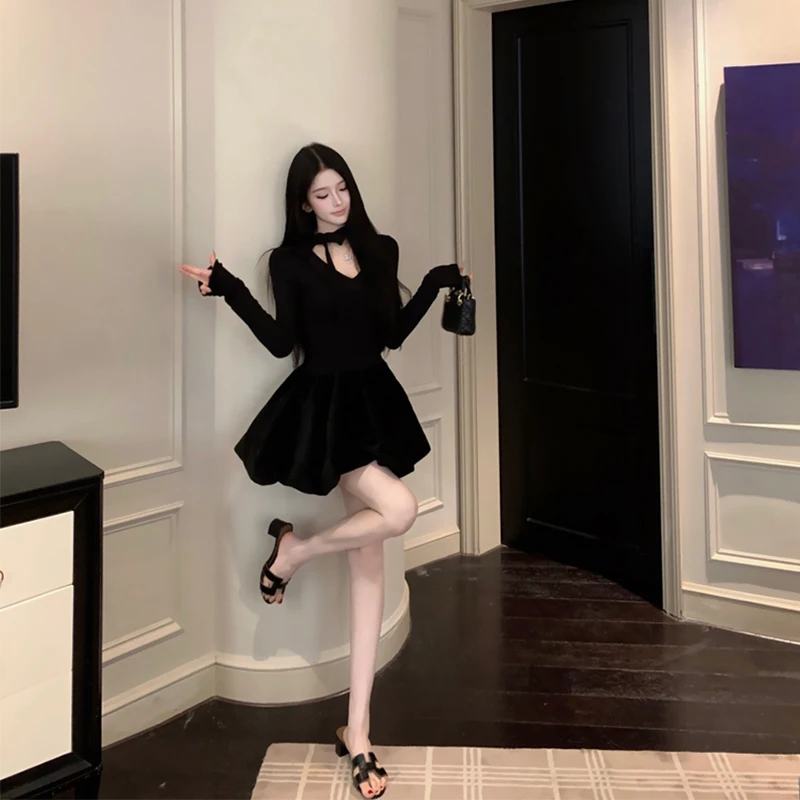 Vintage Zwarte Mini Jurk Vrouwen Elegant Party Prom Bow Lace Up Bud Jurken Koreaanse Sexy V-hals Lange Mouw Bodycon A-lijn Vestidos