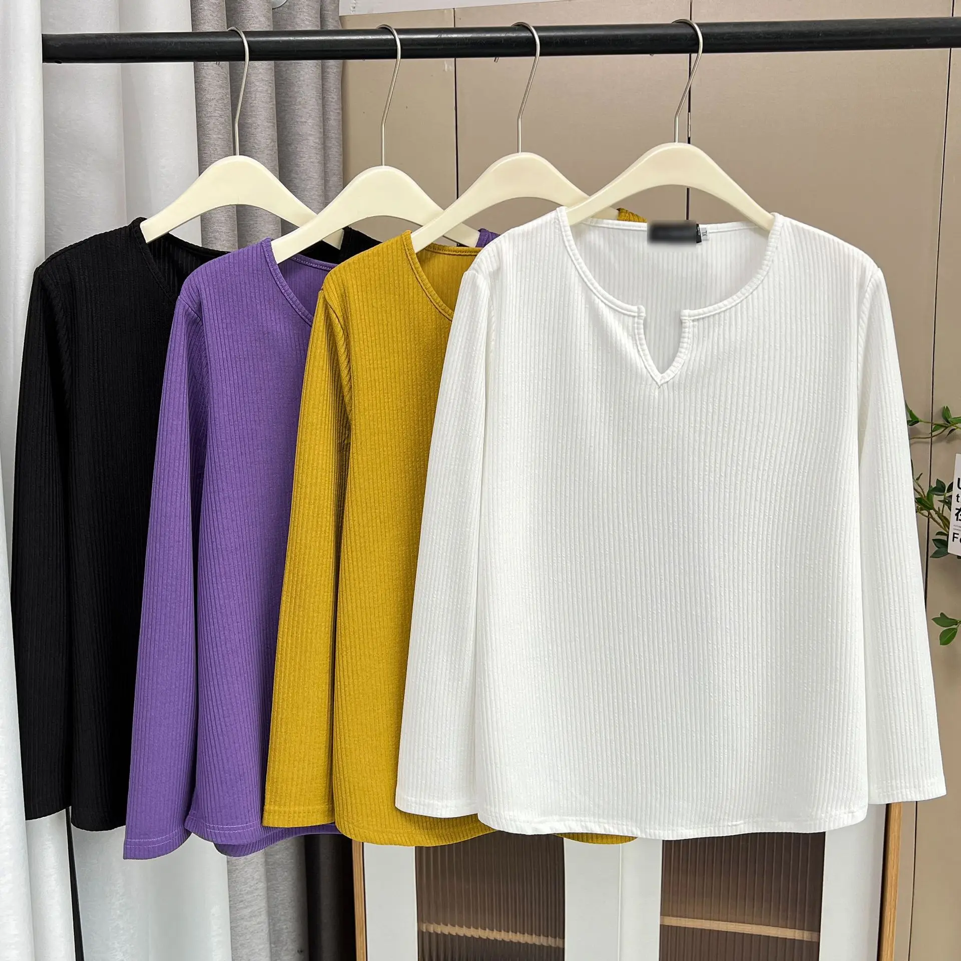 T-shirt basique à manches longues et col en V pour femmes, petit haut grande taille, t-shirts féminins, 100kg, printemps, nouveau, 2351