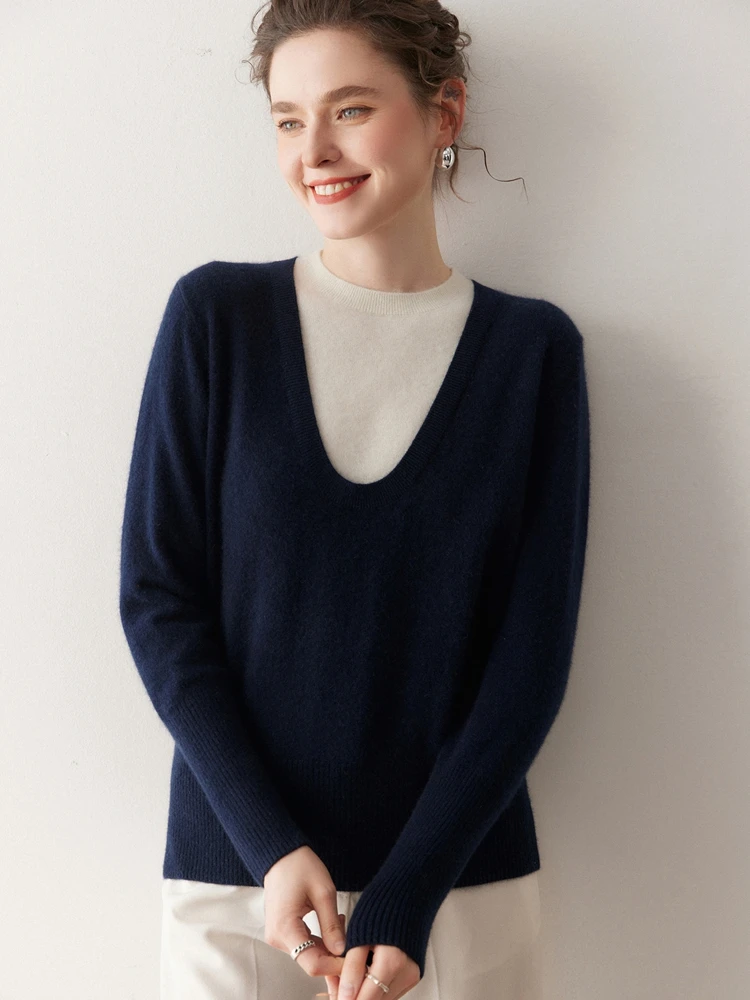 

TLOML Women's 100% Cashmere Sweater O-neck Fake Two Pieces Stacked Together Autumn Winter Cashmere Sweater Soft Warm Casual Tops