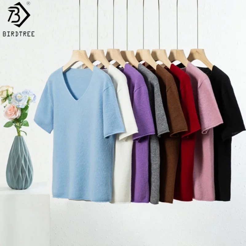 

Birdtree 100% Sheep Wool Elegant Base Sweater, Woman Autumn Soft V-neck Short Sleeve Solid Color Loose Knit Tops T58128JF