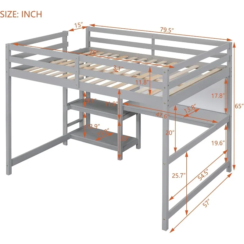 Tempat tidur loteng ukuran penuh dengan meja, rak dan papan tulis putih, bingkai tempat tidur tinggi kayu, untuk anak-anak remaja, abu-abu