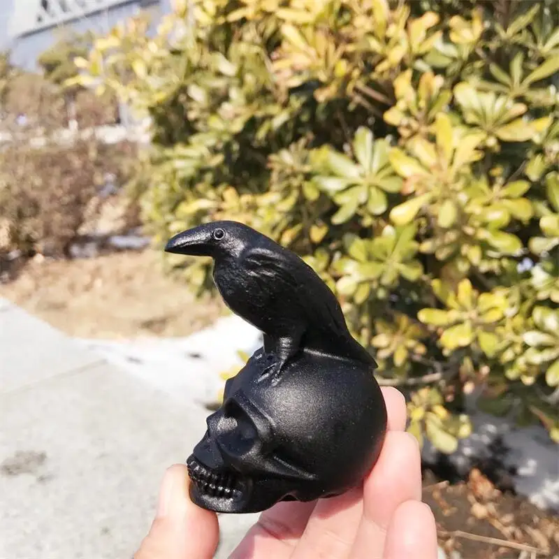 Natural Black Obsidian Crow Skull Carved Mineral Sculpted Reiki Healing Gemstone Crystal Crafts For Art Collection Gift 1pcs