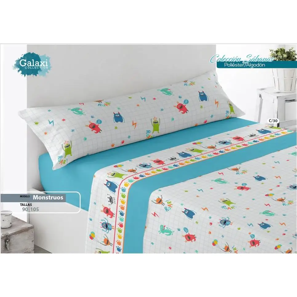 Juego de sábanas infantil de verano, 50% Algodón para cama de 90 y 105. Estampados animados. Finas y suaves. Azul y Rosa. Castillos, Monstruos..