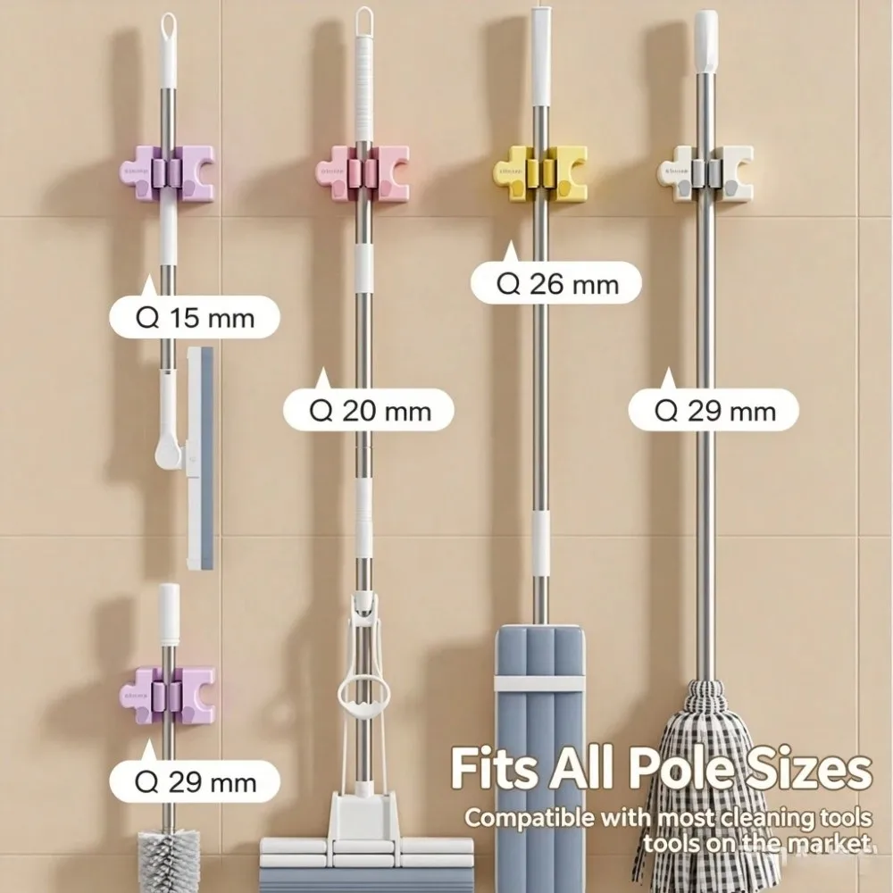 Macaron Mop Holder Wall‑Mount Self‑Adhesive Broom Storage Clip with Hooks Puzzle Splicing Bathroom Storage Rack
