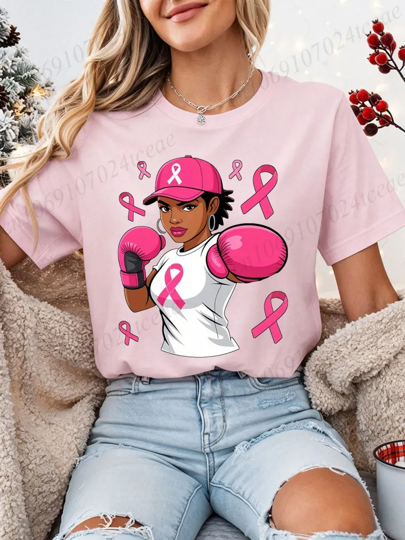 Breast Cancer Awareness Graphic T‑Shirt Women Fighter Boxing Girl Pink Ribbon Tee Survivor Support Hope Fight Cancer Casual Tops