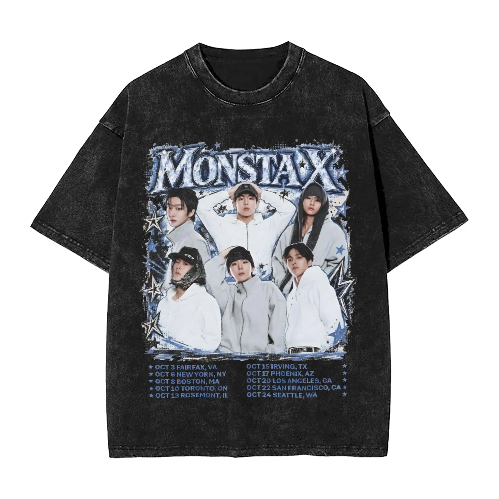 Printed Monsta X the X Nexus North America World Tour Washed T Shirts Merch Harajuku T-Shirts  Men Women Tee Shirt