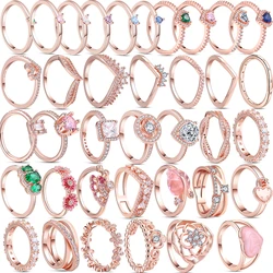 100% 925 Silver Women Rings Flower Princess Wishbone Pink Daisy Sparkling Row Eternity Heart Zircon Rings Europe Fine Jewelry