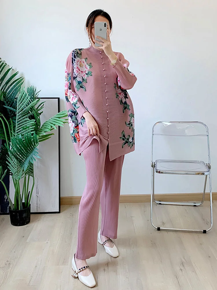 LANMREM Pleated Floral Print Set Women Single Breasted Long Sleeve O-neck Top Wide Leg Pants 2024 Summer Female Clothing 2I773