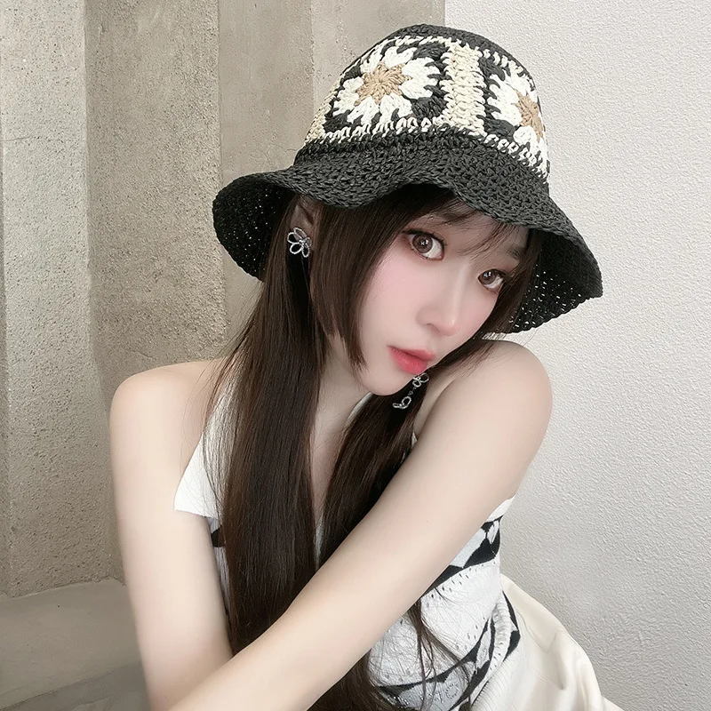 

Hand-woven Straw Hat Women Summer Breathable Beach Sun Hats Leisure Outdoors Vacation UV Protection Foldable Flower Straw Hats