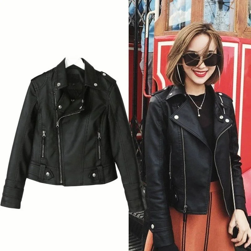 春秋ショートPUレザージャケットレディーススタイリッシュスリム学生バイクレザージャケットファッショナブル韓国版