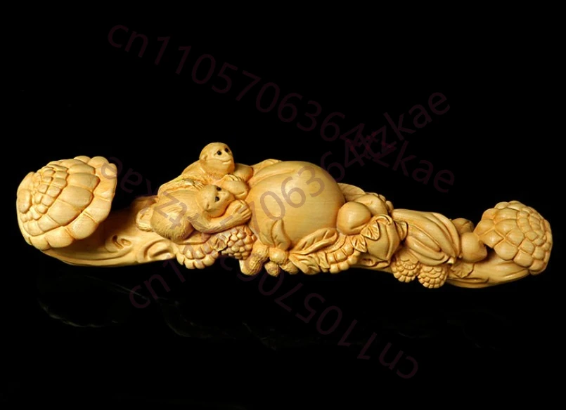 

20*5*4.5CM Chinese Box-wood Animal Monkey Fruit Flower Ruyi Statue Decoration