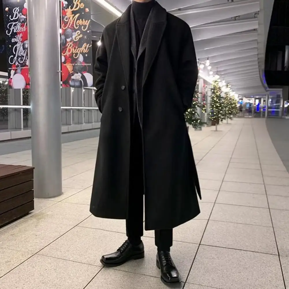 Men Long Woolen Coat Lapel Long Sleeve Solid Color Windbreaker Pockets Two-Button Placket Solid Color Mid-length Trench Outwear