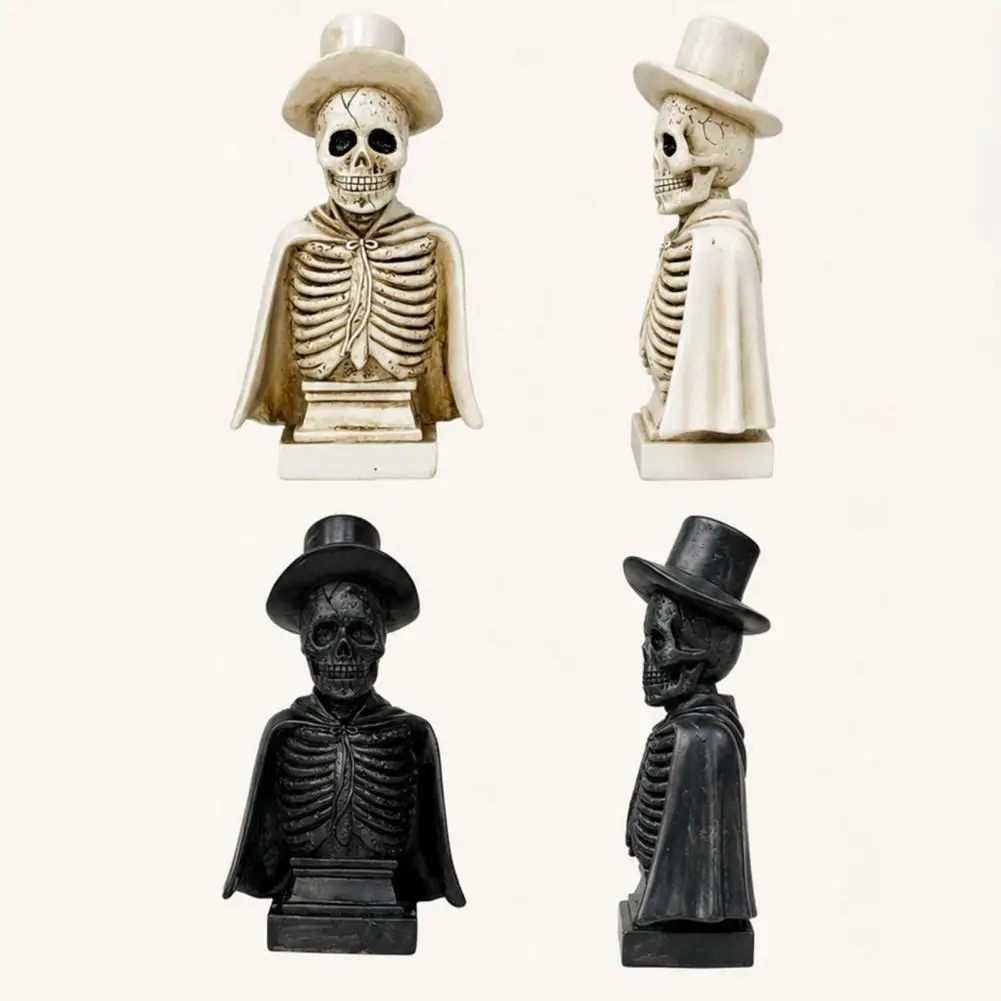 Skull Statue for Home Decor Halloween Skull Sculpture with Top Hat Spooky Resin Skeleton Figurine with Led Light for Haunted