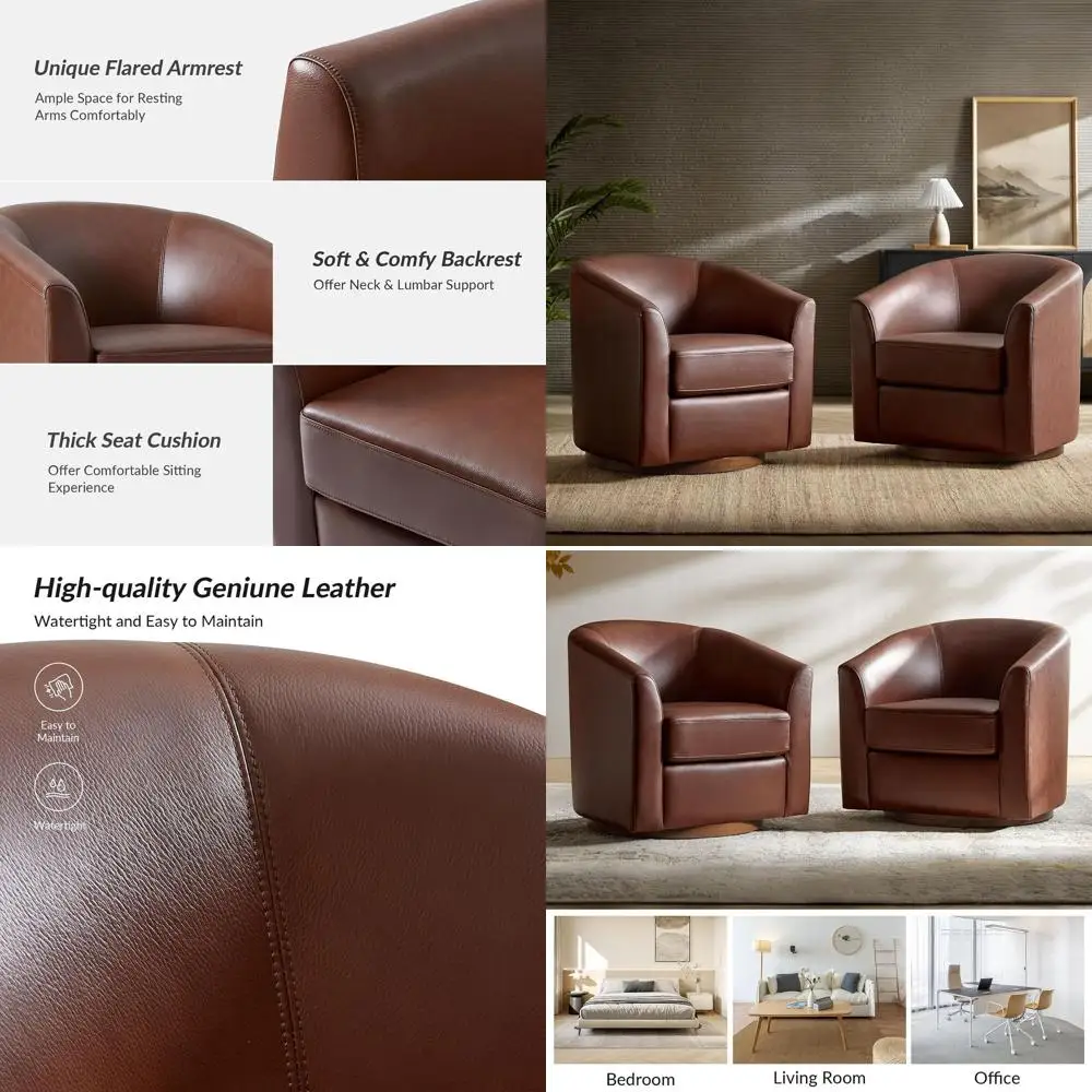 

Set of 2 Brown Leather Swivel Barrel Chairs with Solid Wood Base for Living Room and Bedroom