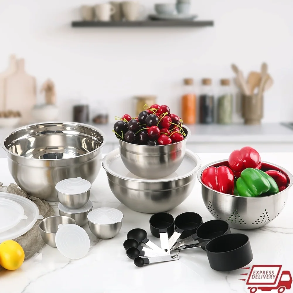 

23PCS Stainless Steel Mixing Bowls Set with Lids Measuring Cups Prep Bowls Colander Nesting Kitchen Essentials Food Storage
