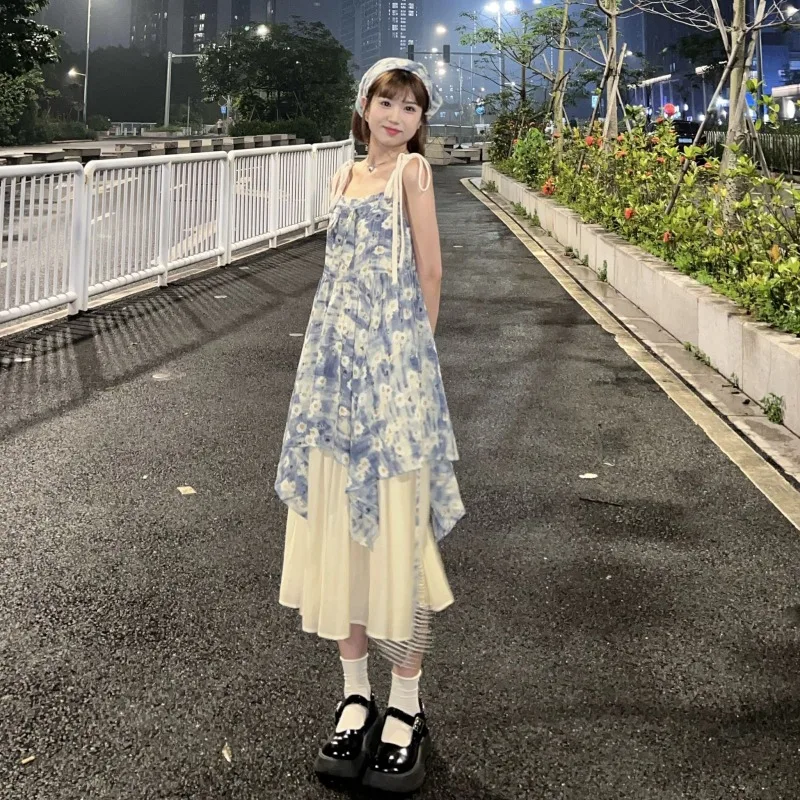 

Sweet Prairie Chic Style Blue Floral Dress for Women Summer Irregular Contrast Adjustable Suspender Fashionable Long Dress