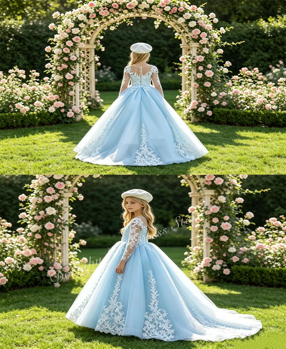 Custom Light Blue Flower Girl Dress Floral Lace Long Sleeve Embroidery Voluminous First Communion Formal Outfit