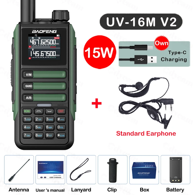 Upgrade Baofeng UV16M V2 Walkie Talkie 15W Hoge capaciteit AM FM 2-weg radio Volledige band LCD 999CH Frequentie Kopie NOAA Ruisonderdrukking