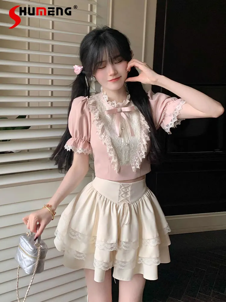 

Sweet Lolita Preppy Style Lace Patchwork Stand-up Collar Bow Short Sleeve Top High Waist Lace-up Cake Dress 2 Piece Set Women