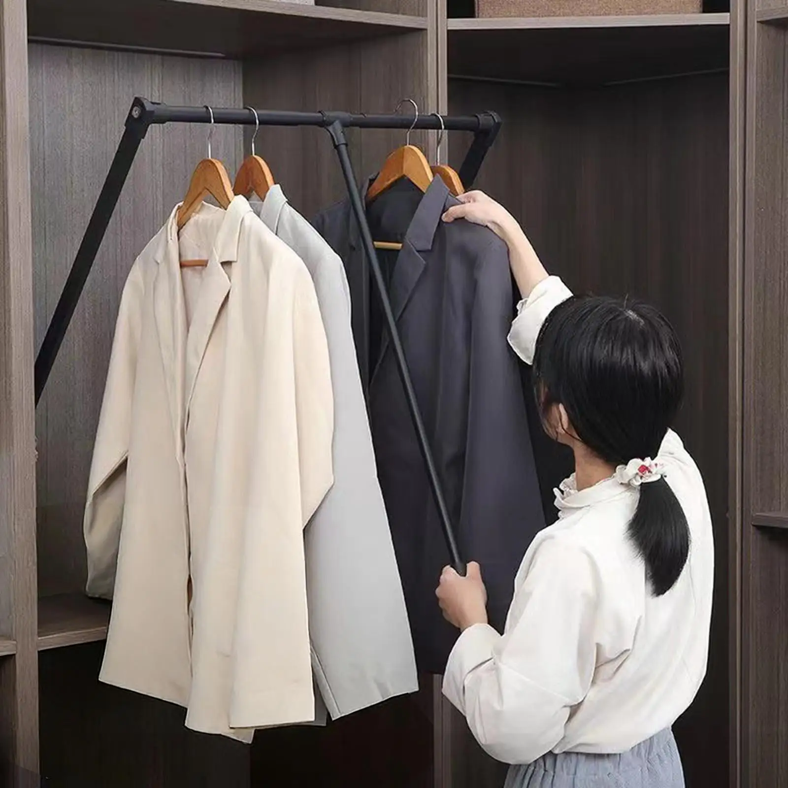 

Space Saving Pull Down Closet Rod Adjustable Width Wardrobe Organizer Rack for Clothes Storage Home Use