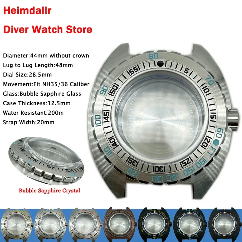 

Solid 44mm Stainless Steel Bubble Sapphire Glass Rotating Bezel Watch Case Suitable For NH35/36 Automatic Movement 20Bar