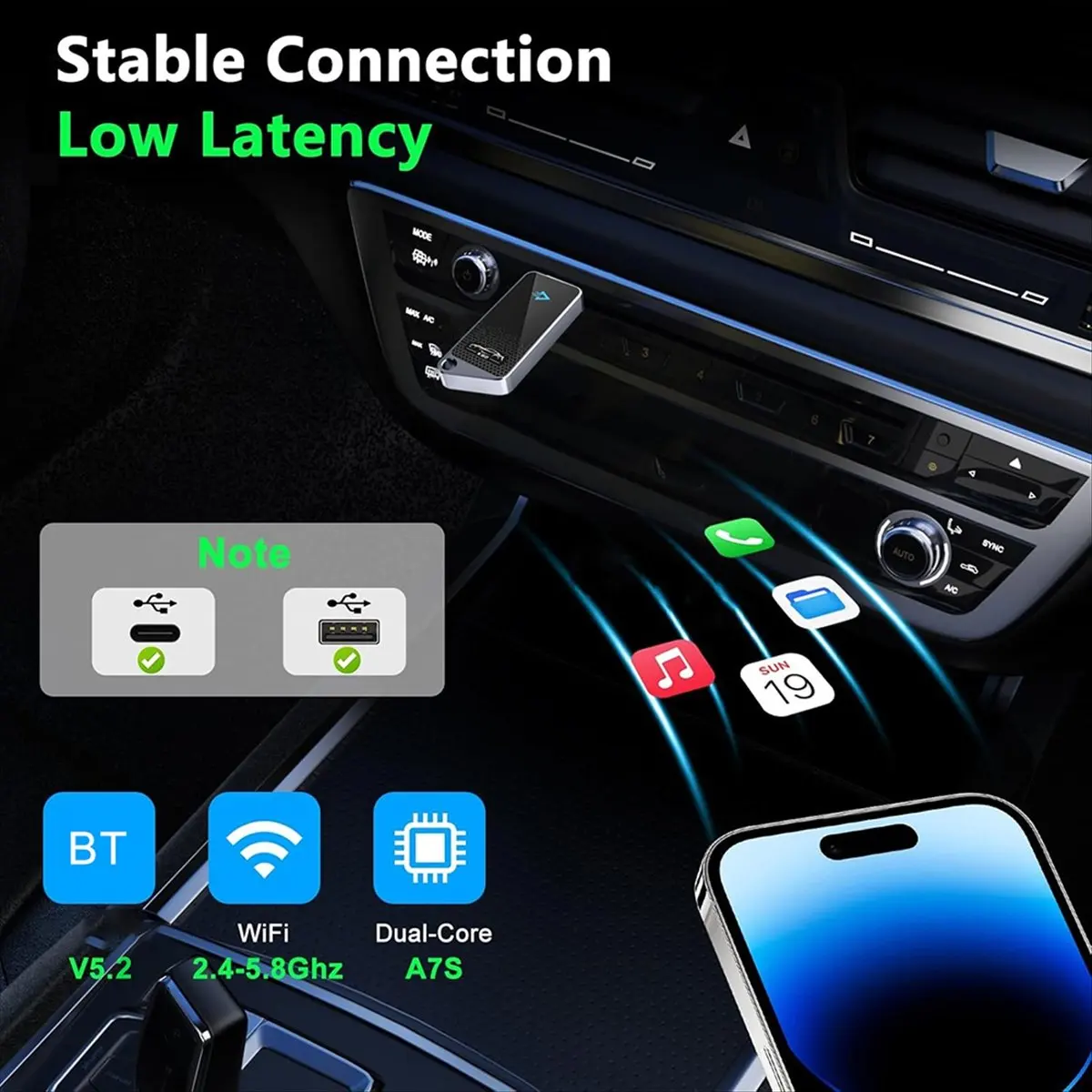 HowAA87 Wireless Carplay Adapter 2-in-1 Dual-System CarPlay Adapter Plug-and-Play Compatible with IOS/Andriod Auto No Delay