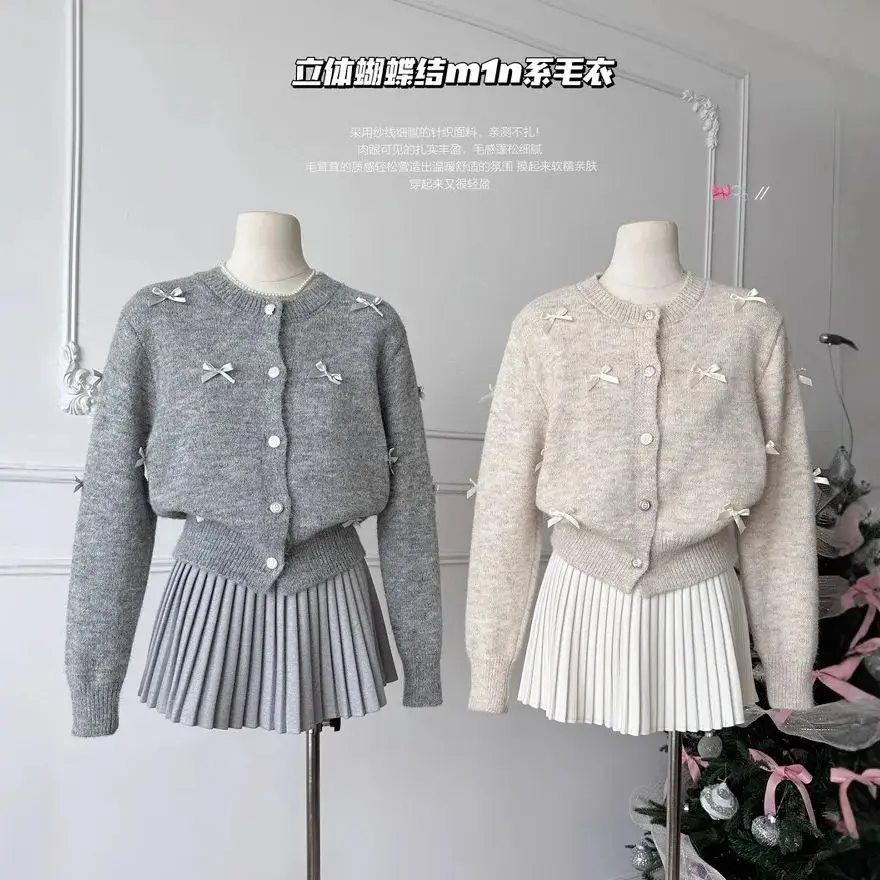 

Women bow sweater spring and autumn style gray knitted cardigan top