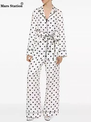 Vintage polka dot print lapel lace-up pajama shirt two-piece set 2024 Fall women's new + loose wide-leg pants fashion set