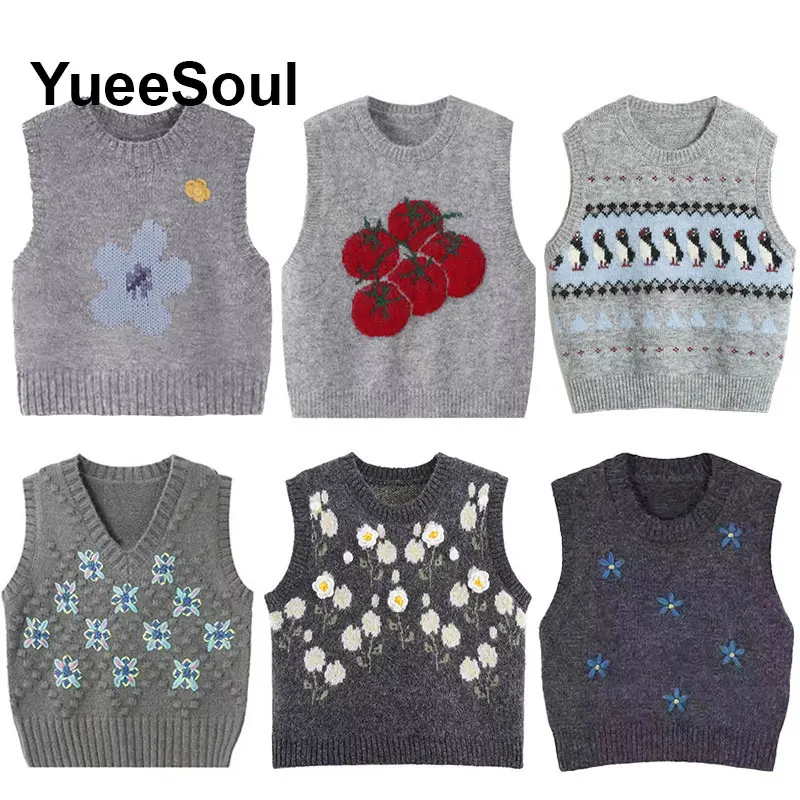 

Grey Women Sweater Vest 2025 Autumn New Y2K Aesthetic Sweet High Street Casual Waistcoat Sleeveless Pullover Loose Knitwears