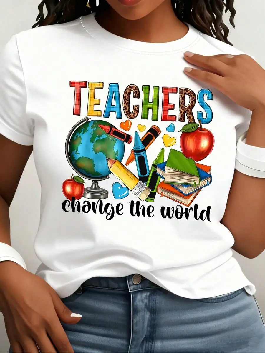 

Womens Casual T-Shirt Teachers Change The World Graphic Print Short Sleeve Round Neck Polyester Tee