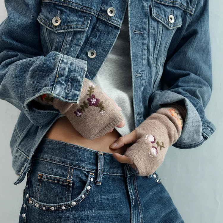 Z Damen-Fingerhandschuhe mit bezaubernder Blumenstickerei, gestrickt, 2025, neues SLE-dünnes Material aus China