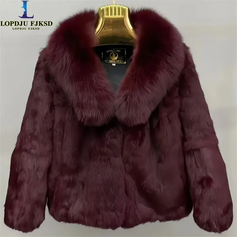Prawdziwy płaszcz z futra królika Rex Kobiety Jesień Zima Krótka kurtka Gruba ciepła Nowa moda Kołnierz z futra lisa Elegancka kobieca ciepła odzież wierzchnia