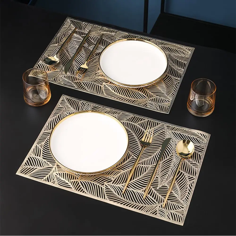 Set of 2/4 Placemat Golden Rectangle Table Mat for Dining Tables Wipeable Leaf Hollow Insulation PVC placemats  Home Modern