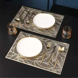 Set of 2/4 Placemat Golden Rectangle Table Mat for Dining Tables Wipeable Leaf Hollow Insulation PVC placemats  Home Modern