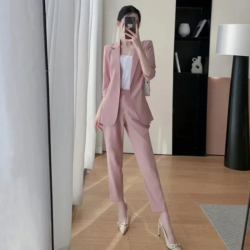 Coreano Office Lady Summer Work Thin Solid Slim Blazer Pantaloni Set da due pezzi Proffession Uniform Coat Pantaloni Abiti