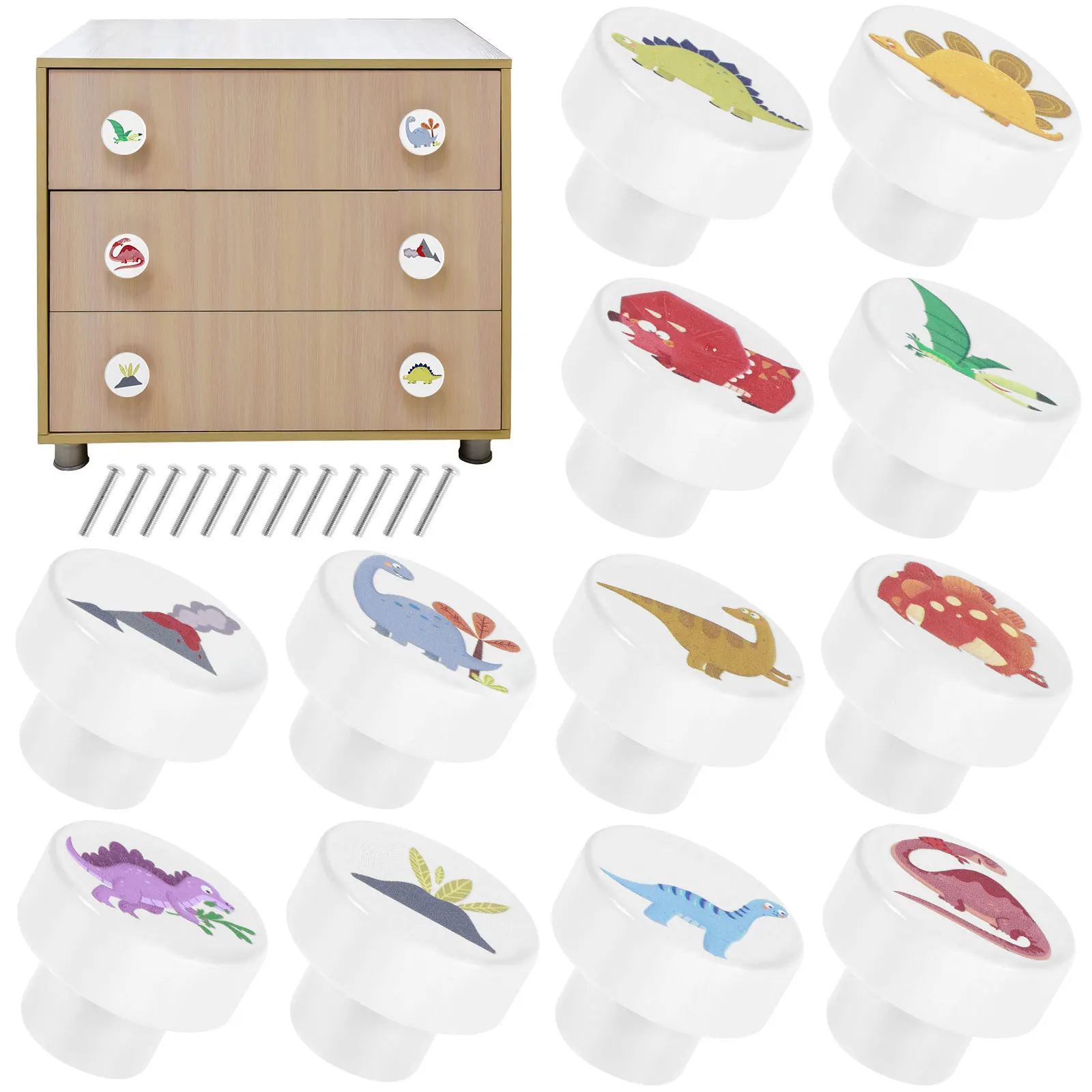 12Pcs White Wooden Drawer Knobs with Screws 35mm Dinosaur Pattern Round Dresser Knobs Decorative Wood Cabinets Handles Creative