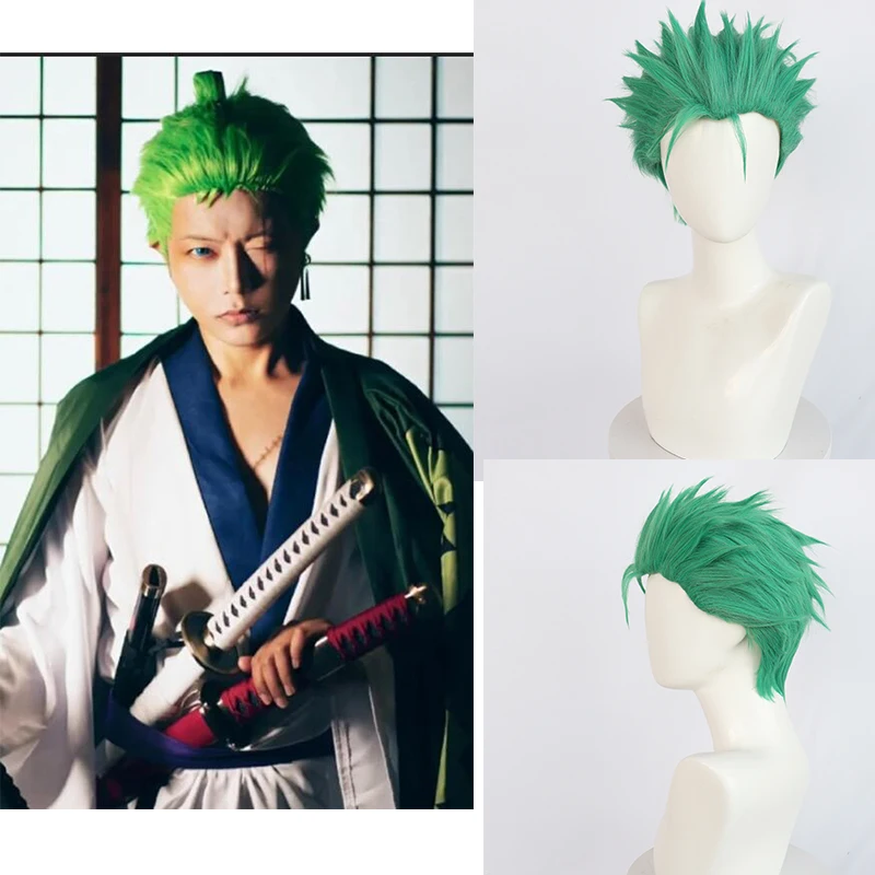 Roronoa Zoro Cosplay Costume pour hommes et femmes, perruque verte Anime, accessoire de jeu de plis, fête d'Halloween