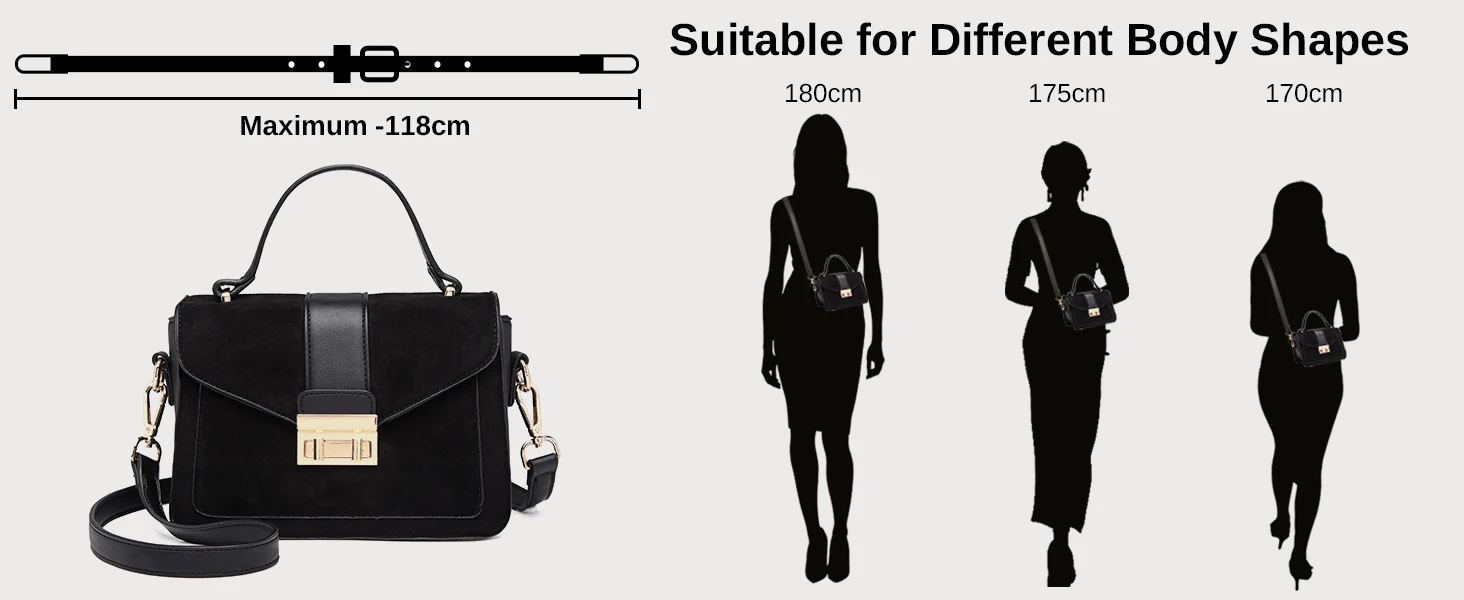 Black handbag with adjustable strap, maximum length 118cm. Diagram shows bag's suitability for different body shapes with silhouettes demonstrating various carrying styles.