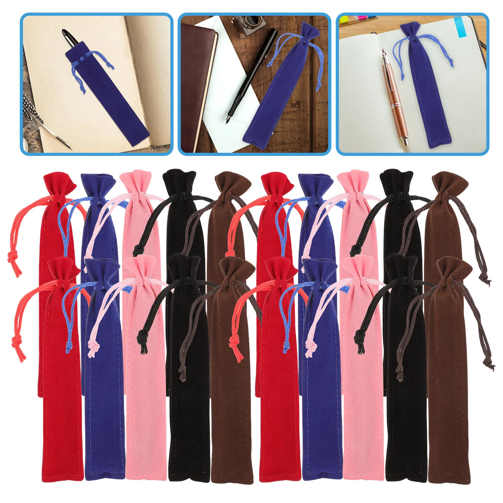 

20Pcs Pen Protective Sleeve Flannel Drawstring Pen Pouch Gift Bag Stationery Storage for Home School Office Black Red Coffee