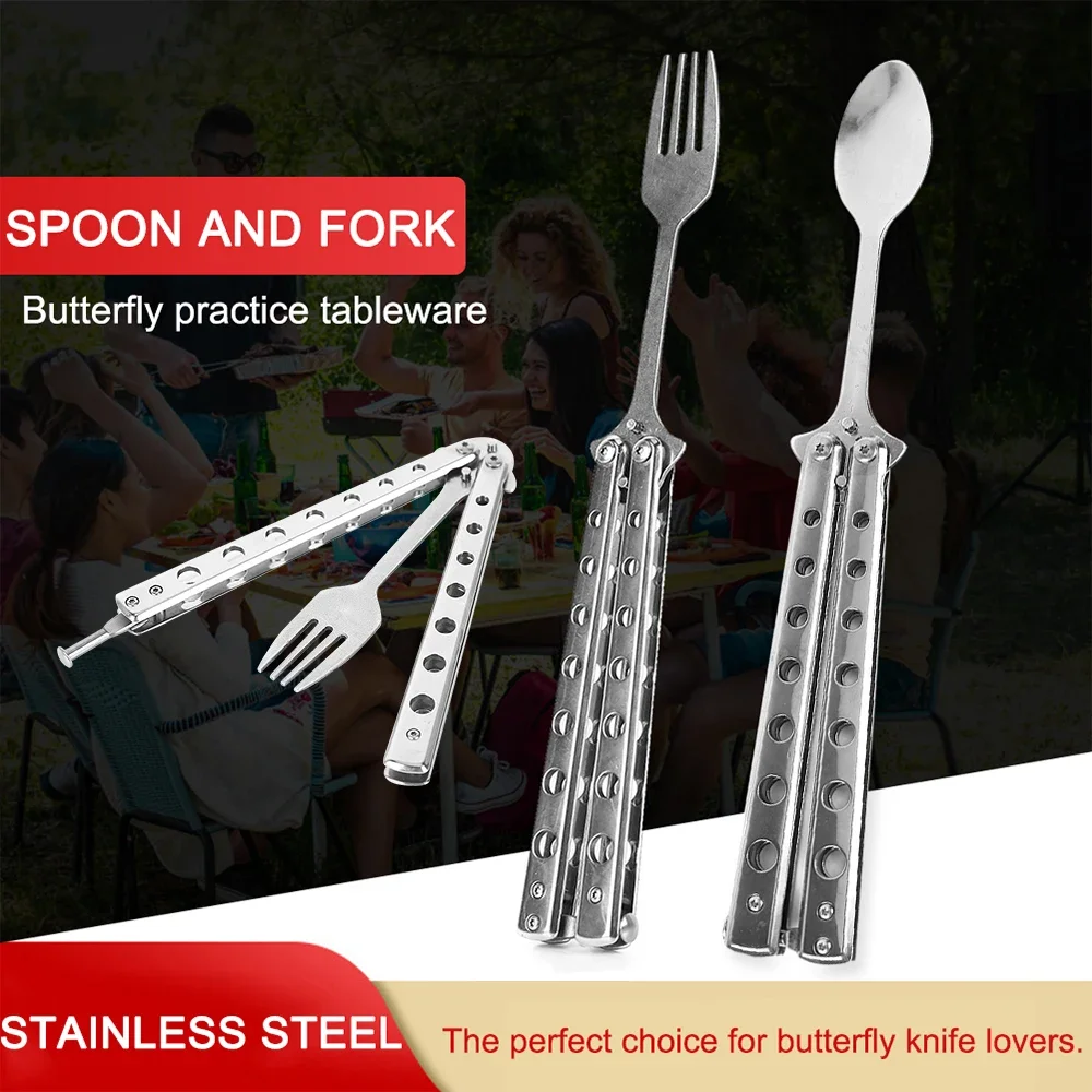 

Stainless Steel Tableware Folding Butterfly Knife Style Utensil Fork Spoon Training Butterfly Knives Practice Balisong Trainer