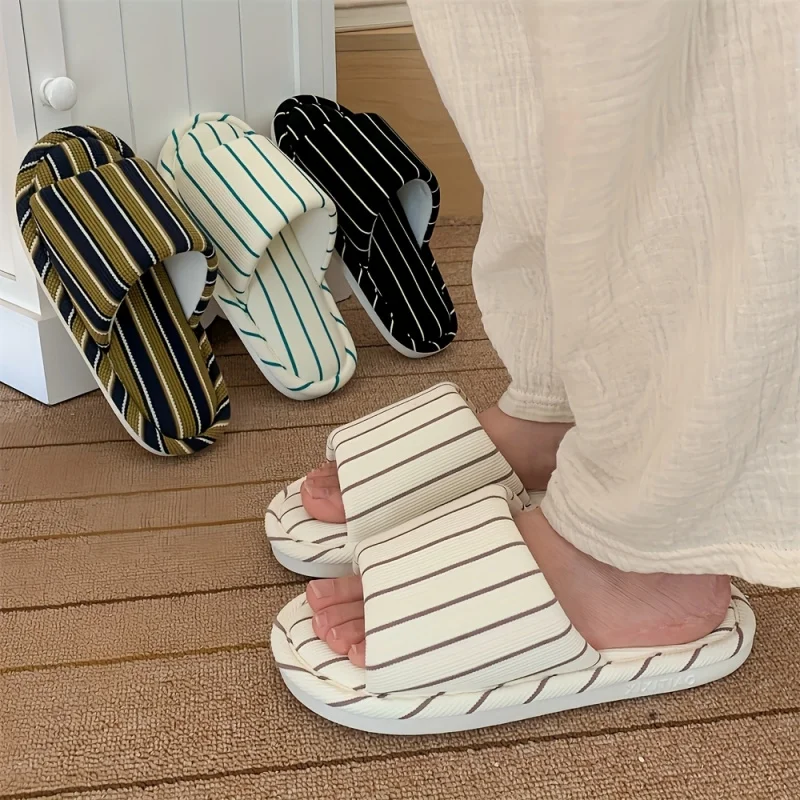 Simple striped men's home floor shoes- Japanese-style soft-soled all-season universal air-conditioned room slippers（EU size）