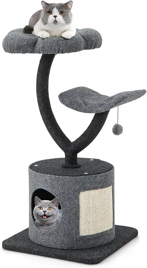 Cat Tree for Indoor Cats, 35 Inch Small Cat Tower with Curved Metal Supporting Frame, Sisal Scratching Board, 2 Perches