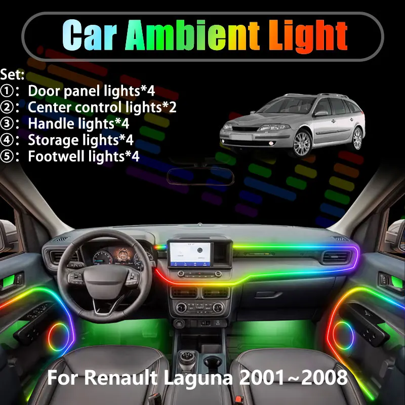 

For Renault Laguna 2001~2008 X74 MK2 2th 2/18 in 1 Car ambient lighting Led trunk interior led lights USB RGB Ensemble Streamer