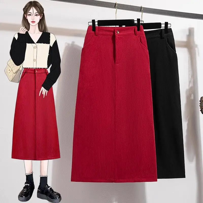 Red Corduroy Knit Skirt Mid Length Women's Autumn Winter Large Size Slimming A-Line Wrapped Hip Skirt Mujer Faldas A679