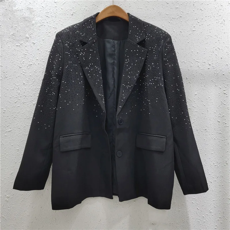 Heavy Embroidery Hot Drilling Shiny Black Suit Women Loose Mid-Length Slimming Suit Jacket Spring Autumn New Cardigan Coat Lady