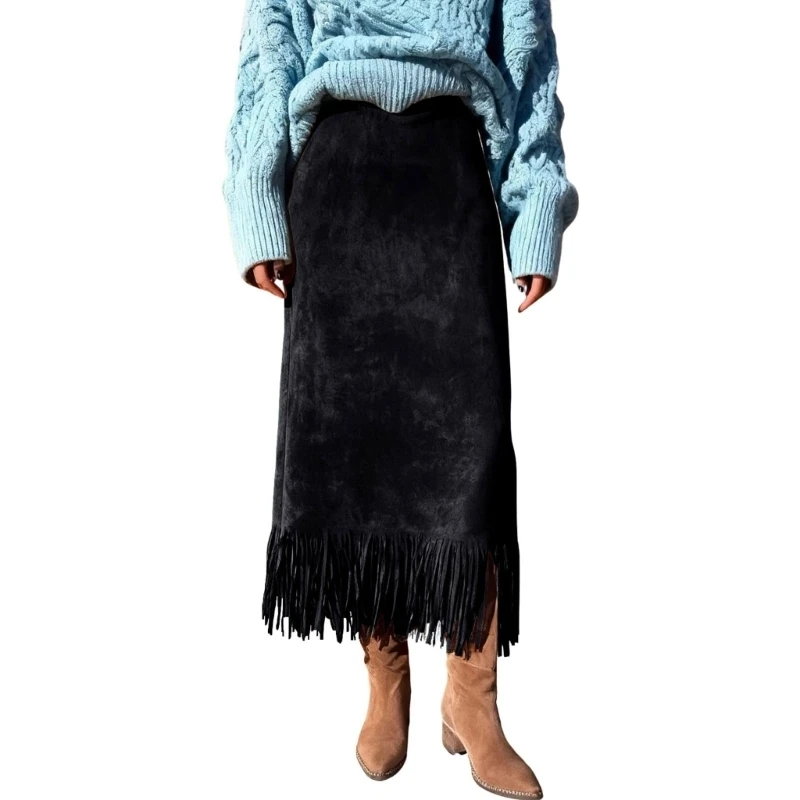 Flattering Women's High Waist Straight Cut Skirt Fringe Detail Faux Suedes for Business Leisure Fall Winter Comfort