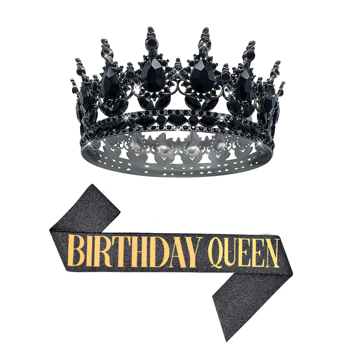 2 pcs แฟชั่นคริสตัล Rhinestone รอบ Tiaras และ Crowns สําหรับผู้หญิง "BIRTHDAY QUEEN" สายคล้องไหล่ชุดอุปกรณ์เสริมผม