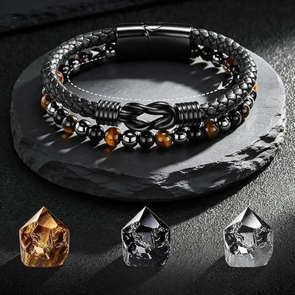 Mens Multi Layer Leather Cuff Bracelet Stainless Steel Rope Chain Natural Tiger Eye Gemstone Magnetic Buckle Wristband