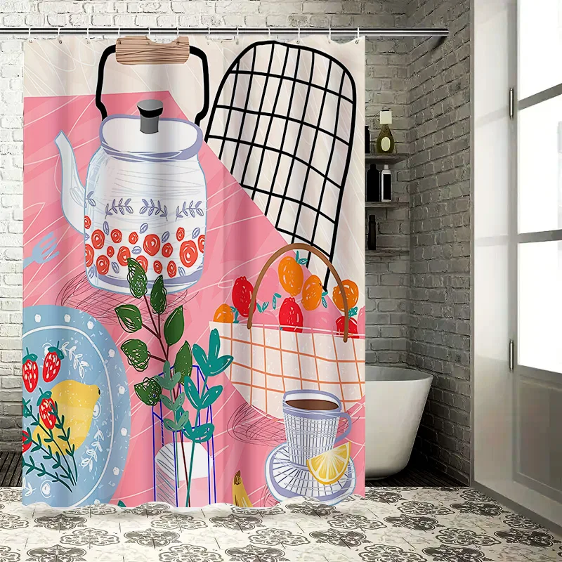Colorful Kitchen Themed Bath Curtain Tea Pot Fruits Plants Pattern Waterproof Fabric with Hanging Rings Ideal for Bathroom Decor