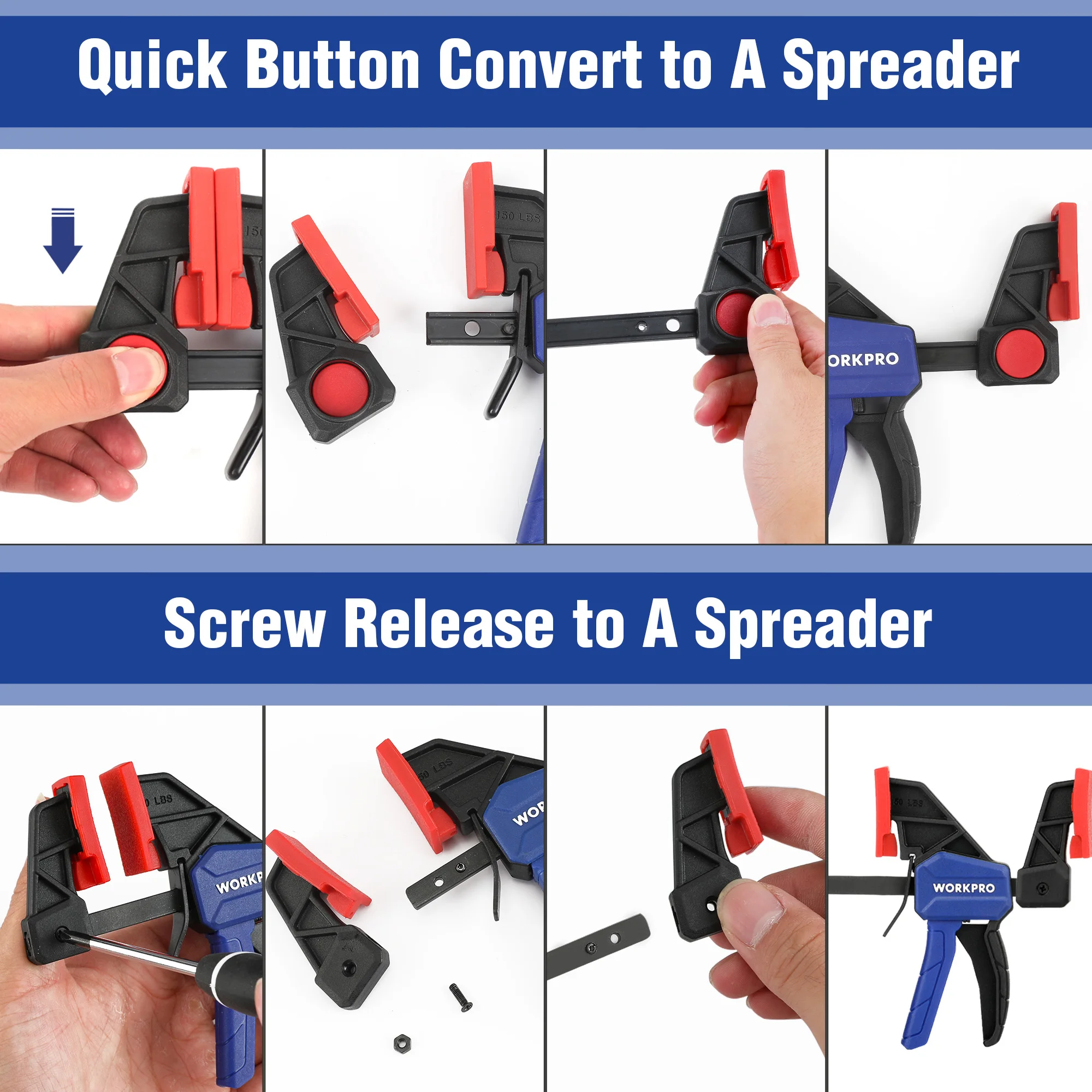 Zaciski stolarskie WORKPRO, jednoręczne zaciski/rozpieracze do drewna, zestaw zacisków do drewna 6-calowych i 12-calowych, lekkie i precyzyjne